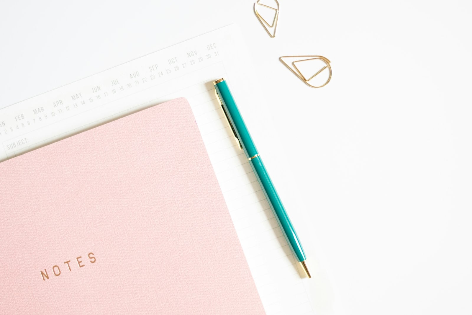 Pink notebook and a teal pen on a white desk with paper clips (photo: Fiona Murray-deGraaff / Unsplash)