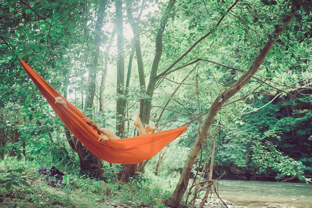 A person relaxes in an orange hammock hung between riverside trees in a green wood