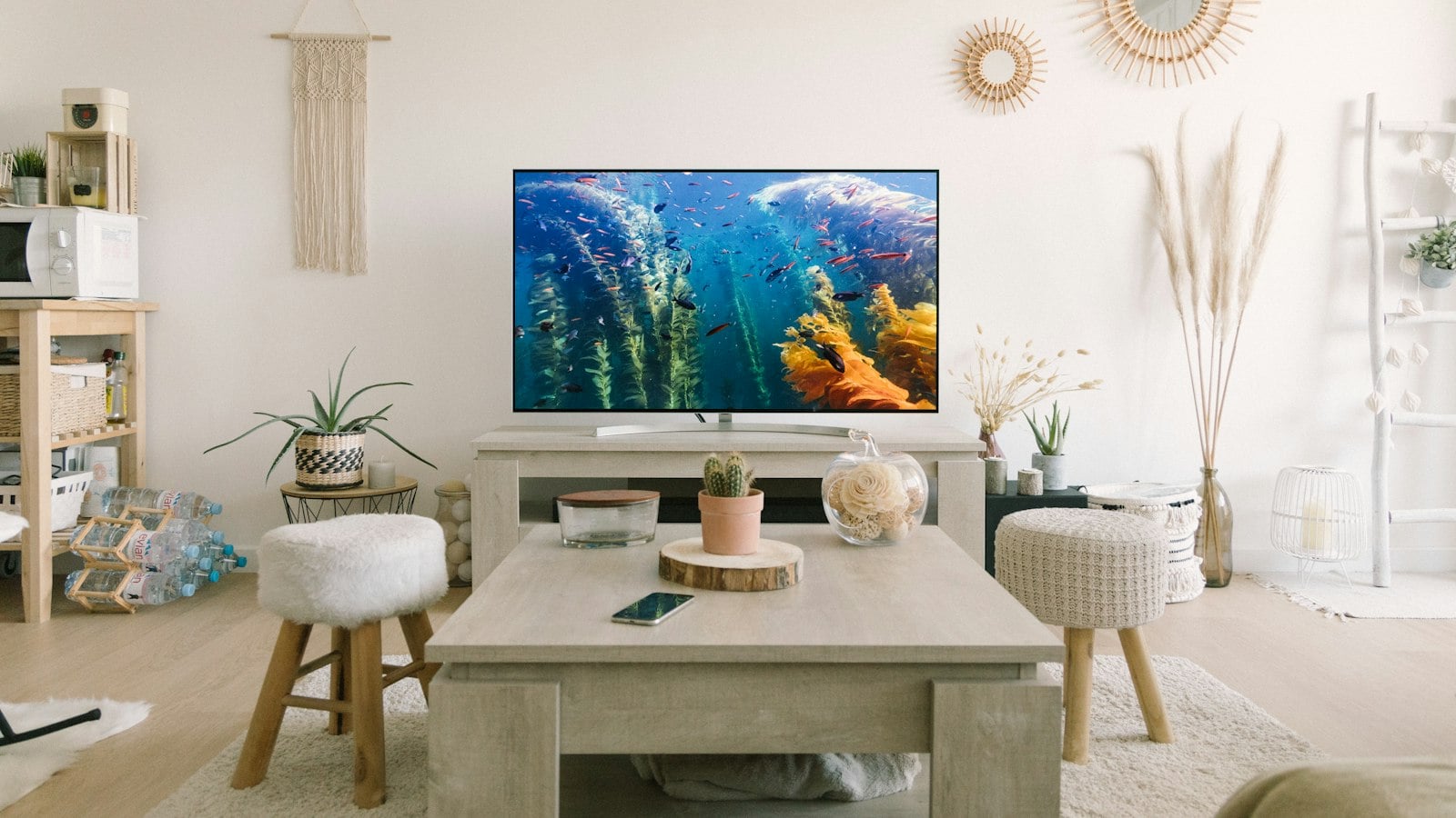A flat-screen TV showing a colourful coral reef in a bright, sunlit living room with pale wood furniture (photo: Howard Bouchevereau / Unsplash)